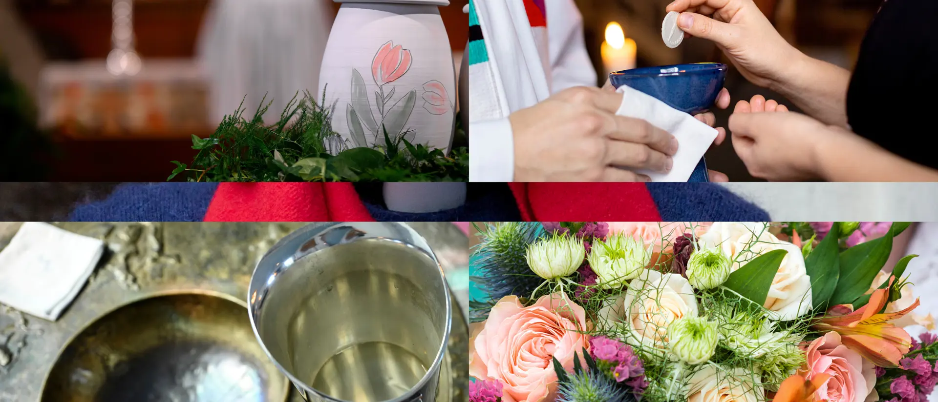 Collage med blommor och urna i kyrkan